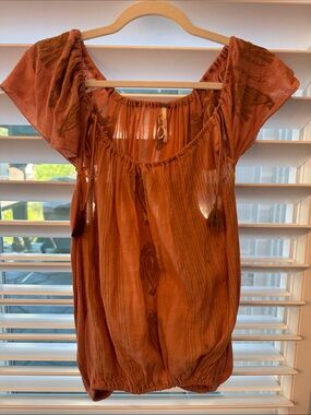 Free People Sheer Rust Orange Boho Peasant Top